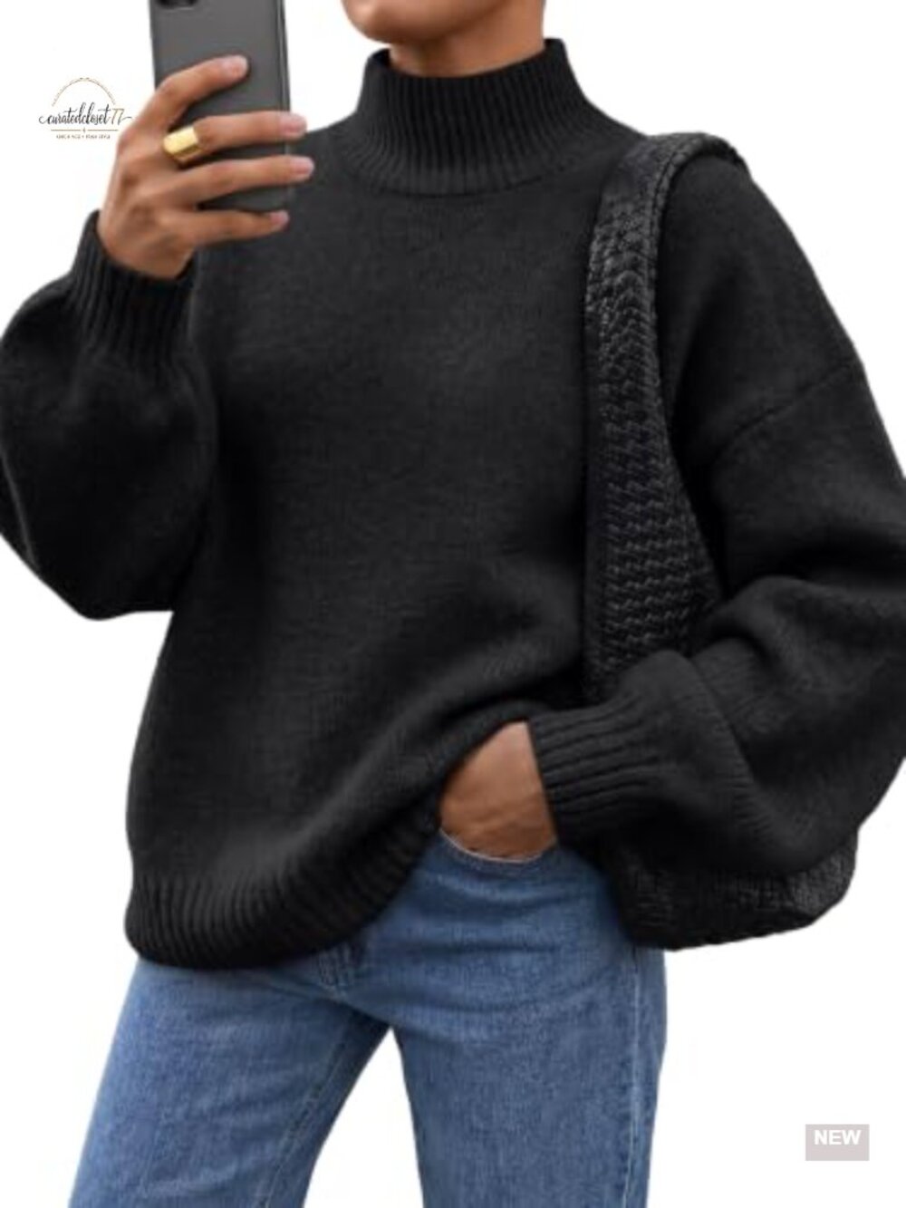 Oversized Mock Neck Knit Sweater Lantern Sleeve Pullover